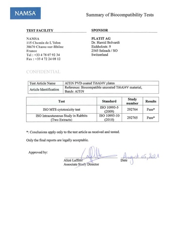 AlTiN Biocompatibility Certificate