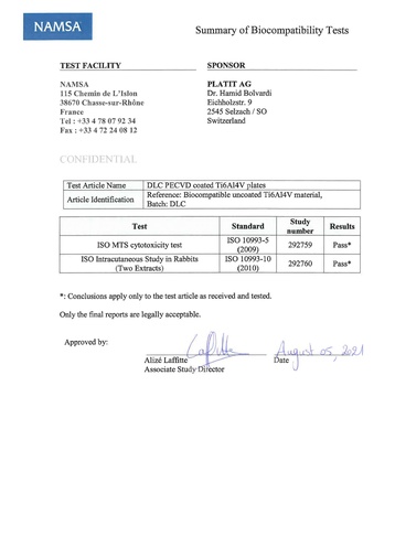 DLC Biocompatibility Certificate