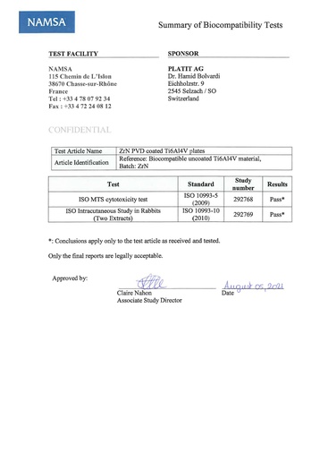 ZrN Biocompatibility Certificate